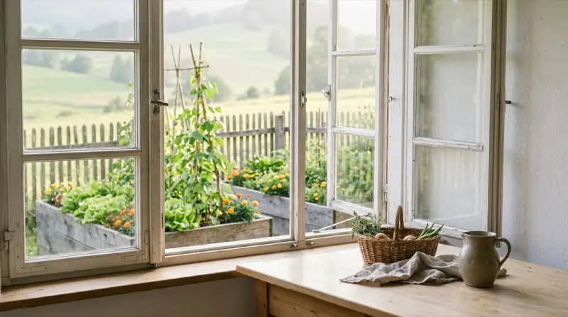 Bauerngarten mit Hühnern